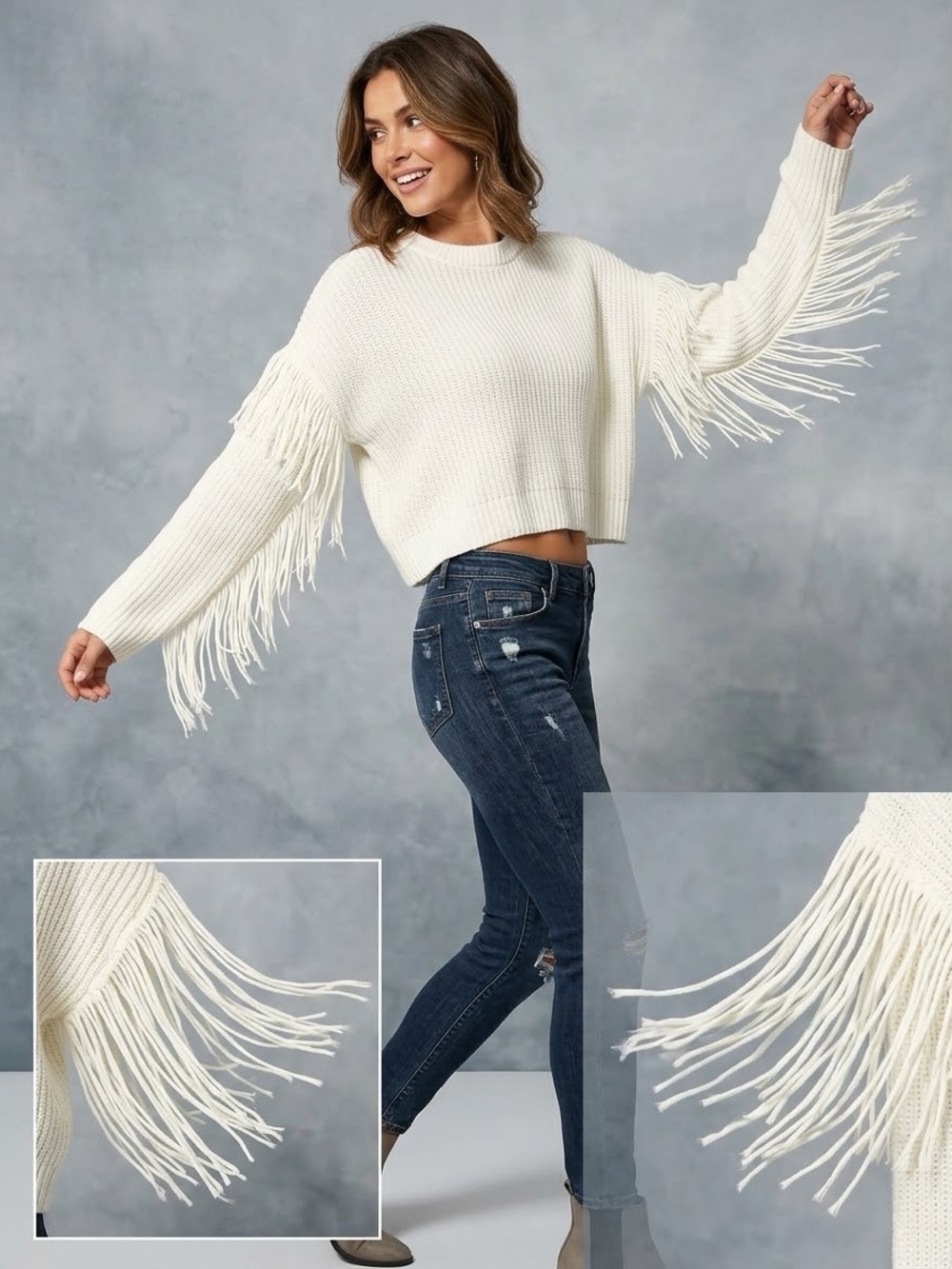 Free For All_Fringe Long Sleeves Knitted Cropped Crewneck Cream Sweater Size: L